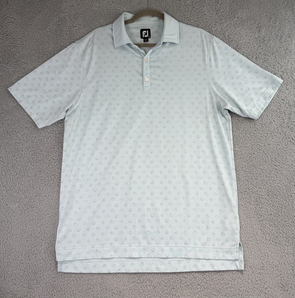 FootJoy Men's Sz M Polo Cloud Sun All Over Print Performance Stretch Light Blue